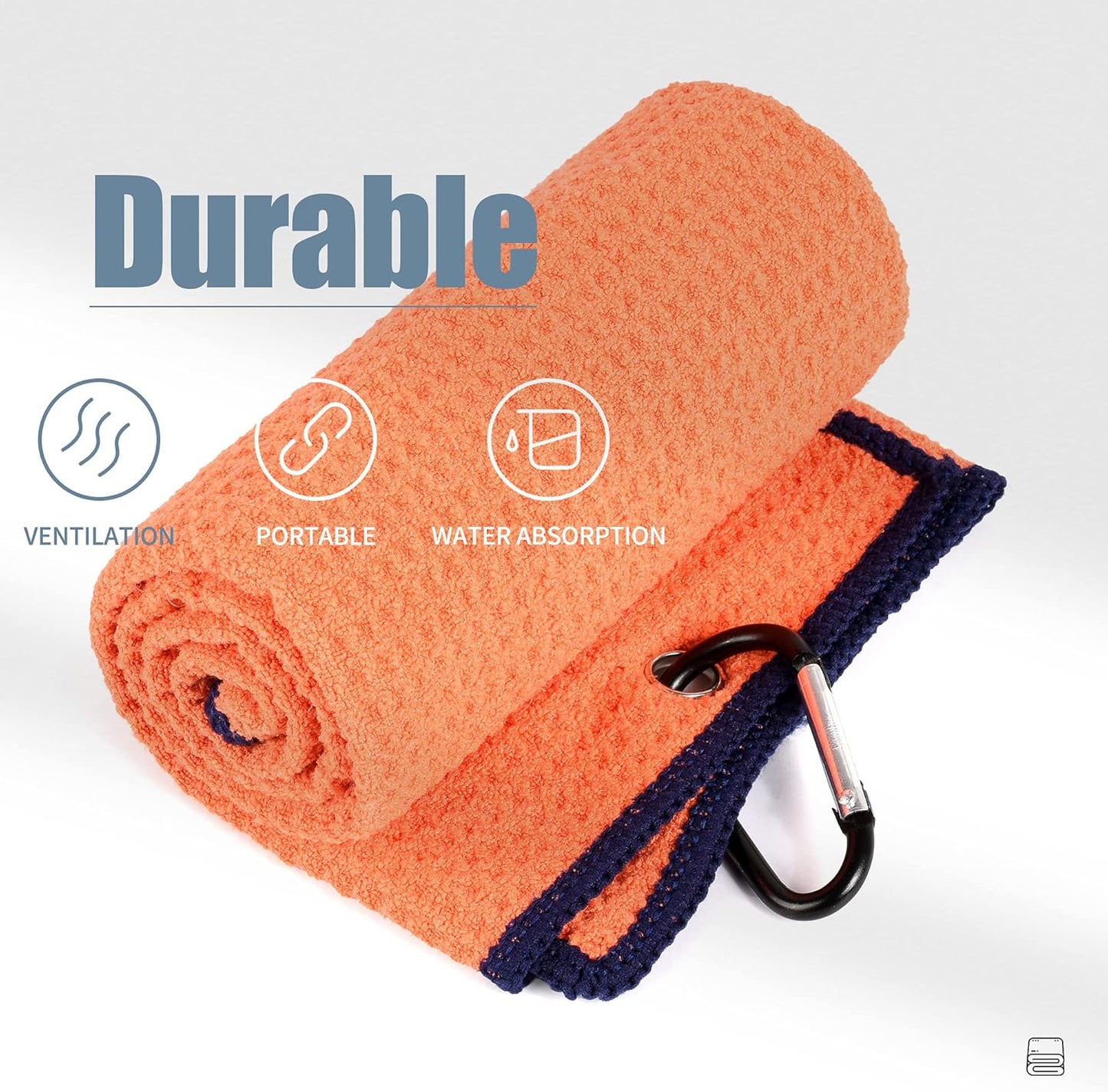 Tri-Fold Golf Towel | Premium Microfiber Fabric | Waffle Pattern | with Heavy Duty Carabiner Clip | Golf Towel for Men and Women (Orange)